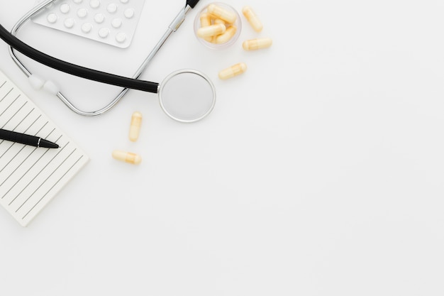 Medical desk with stethoscope and copy-space