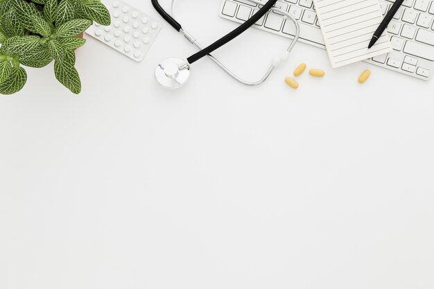 Medical desk with stethoscope and keyboard