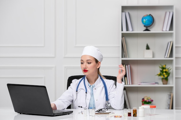 Medical pretty cute doctor in white lab coat and hat with computer on the conference