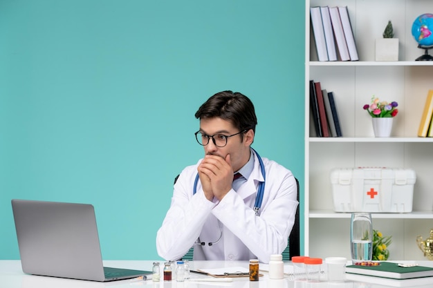 Medical working remotely on computer serious cute smart doctor in lab coat covering mouth