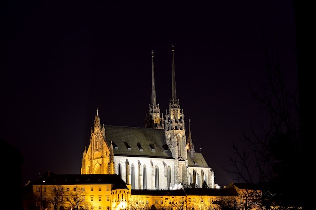 "Medieval cathedral in nighttime"