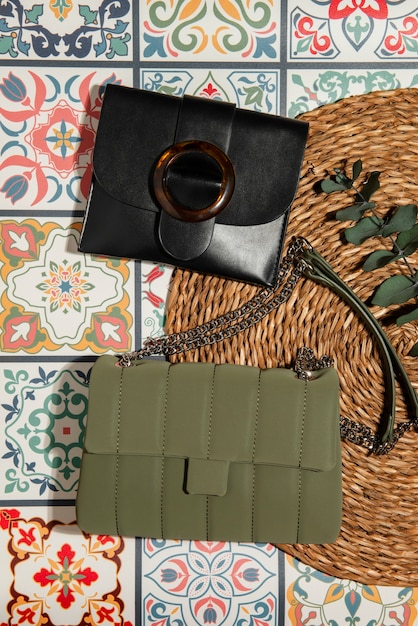 Free Photo mediterranean aesthetic tiles with women's bag