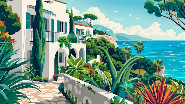 Mediterranean village landscape in digital art style