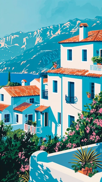 Free Photo mediterranean village landscape in digital art style