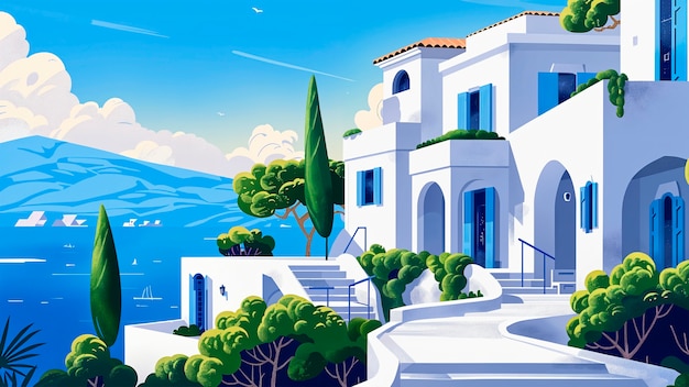 Mediterranean village landscape in digital art style