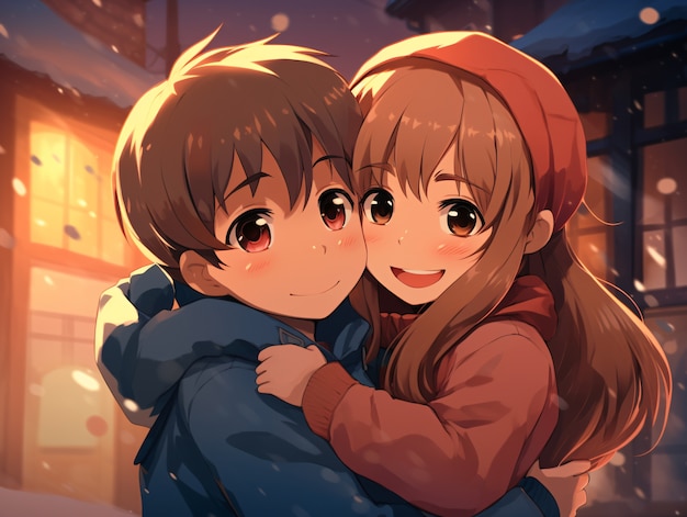 Medium shot anime couple hugging