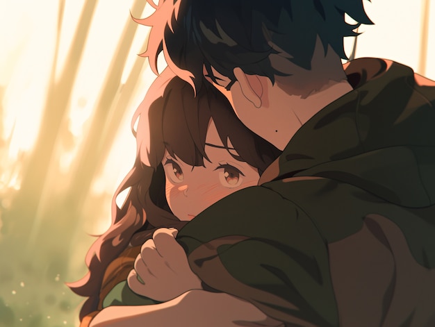 Free photo medium shot anime couple hugging