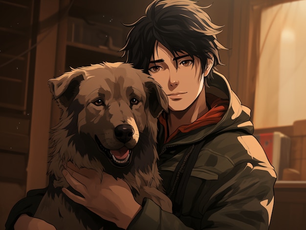 Medium shot anime man hugging dog