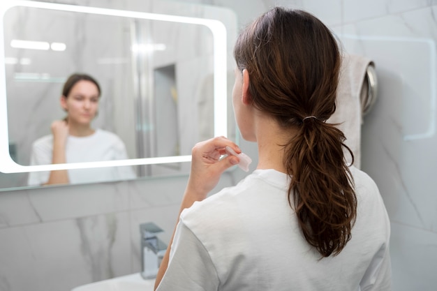 Medium shot blurry woman using gua sha tool