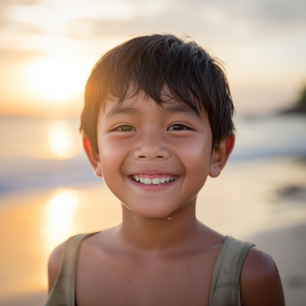 Medium shot boy relaxing on the beach