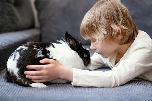 Medium shot boy with cute bunny