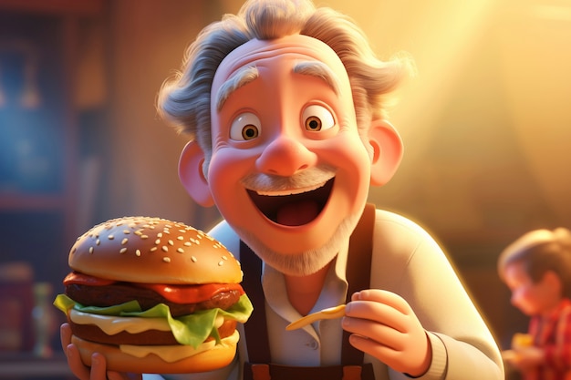 Medium shot cartonish old man with burger