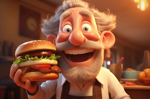 Free photo medium shot cartonish old man with burger