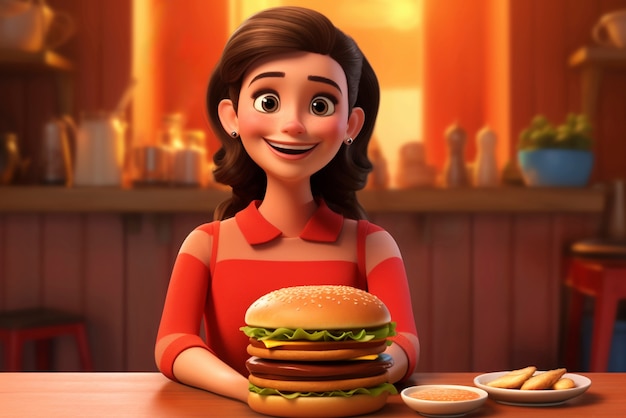 Medium shot cartonish woman with burger