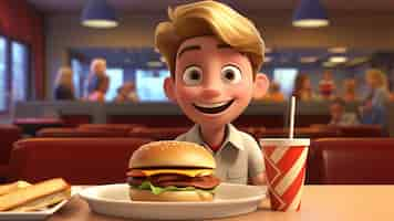 Free photo medium shot cartoonish boy with burger