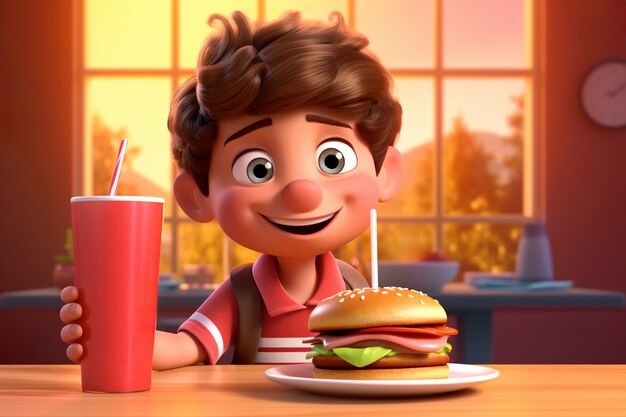 Medium shot cartoonish boy with burger