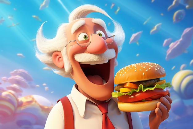 Free photo medium shot cartoonish old man with burger