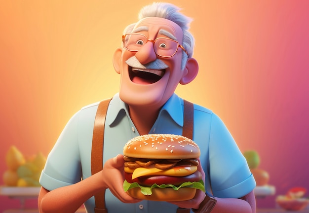 Free photo medium shot cartoonish old man with burger