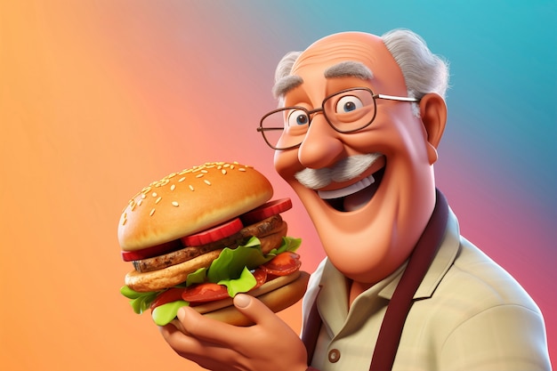 Free photo medium shot cartoonish old man with burger