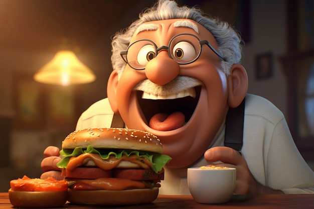 Free photo medium shot cartoonish old man with burger