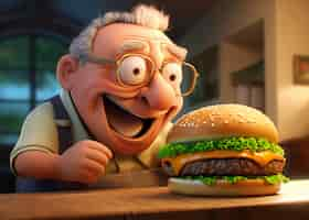 Free photo medium shot cartoonish old man with burger