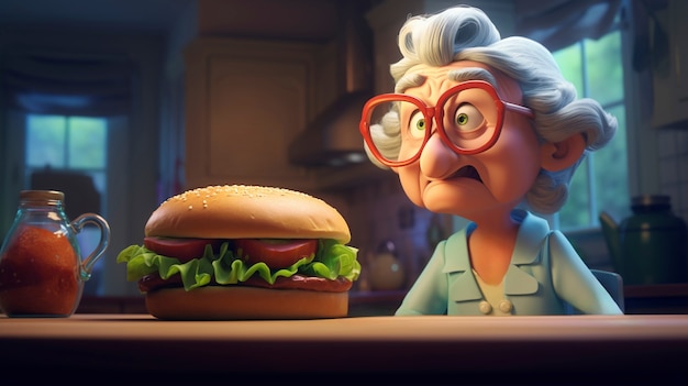 Free Photo medium shot cartoonish old woman with burger