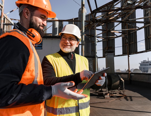 Free Photo medium shot construction workers with tablet