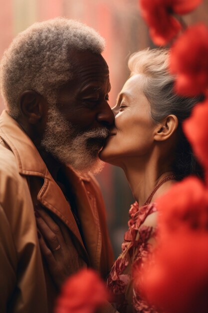 Medium shot couple kissing with fantasy background