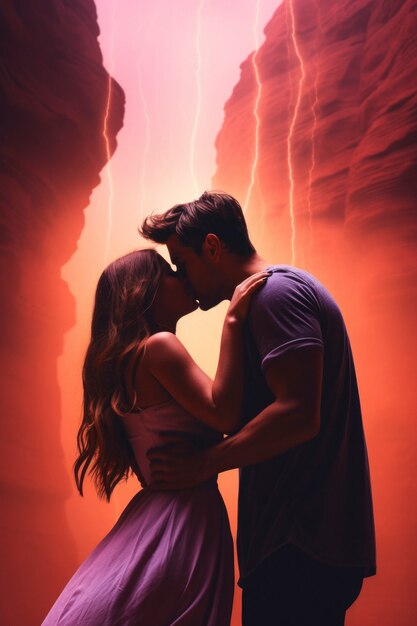 Medium shot couple kissing with fantasy background