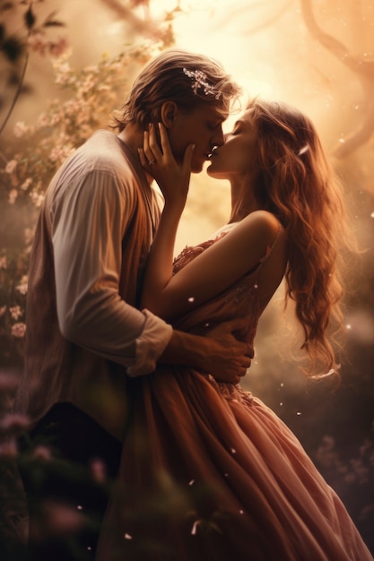 Medium shot couple kissing with fantasy background