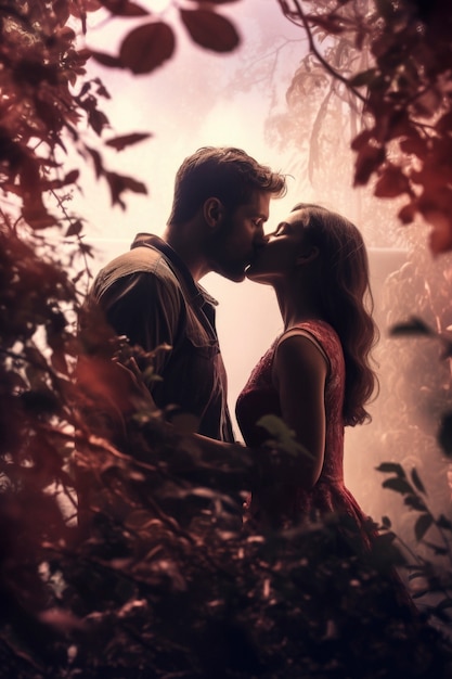 Medium shot couple kissing with fantasy background