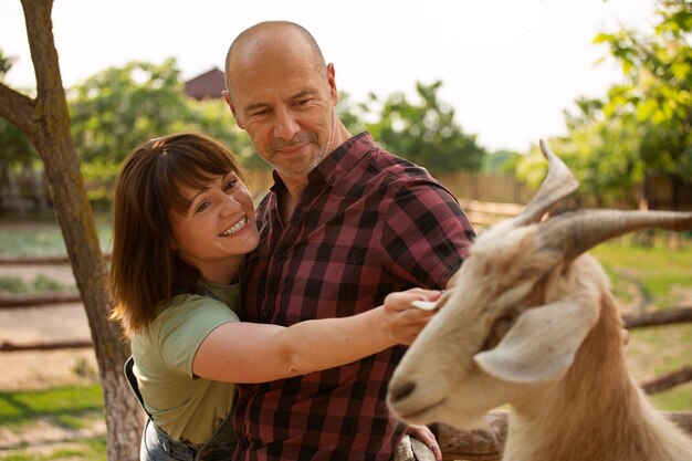 Medium shot couple living at farmhouse