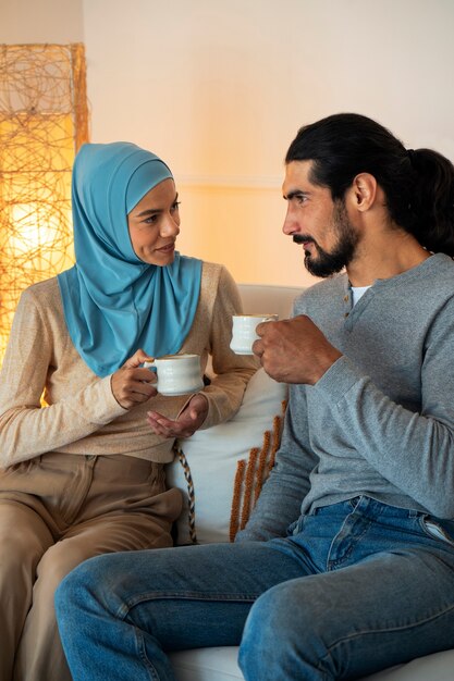 Medium shot couple relaxing together