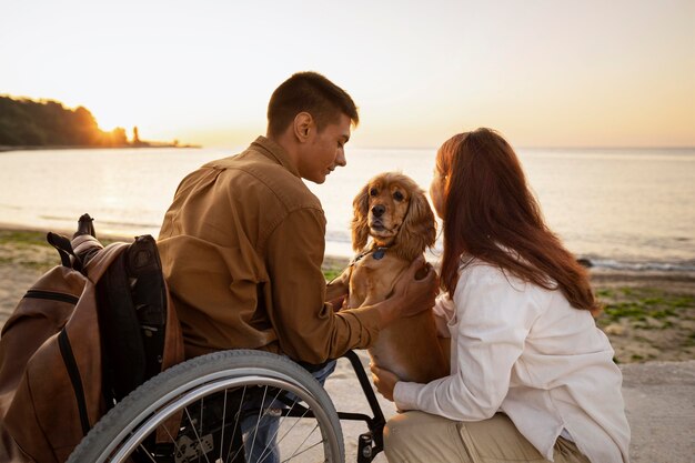 Medium shot couple traveling with dog