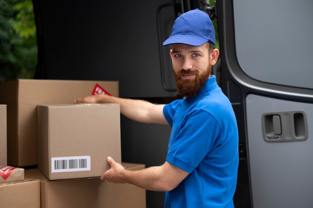 Free photo medium shot delivery man holding box