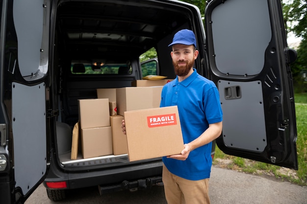 Medium shot delivery man holding box