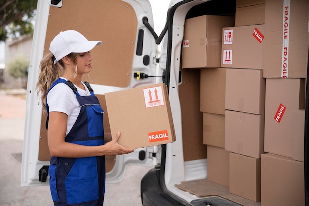 Medium shot delivery woman holding box