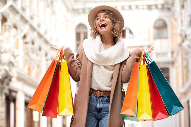 Medium shot excited woman shopping