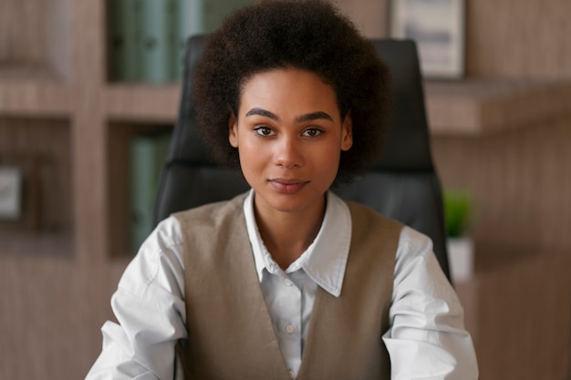 Medium shot female economist working in office