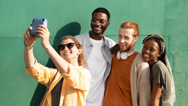 Medium shot friends taking selfie