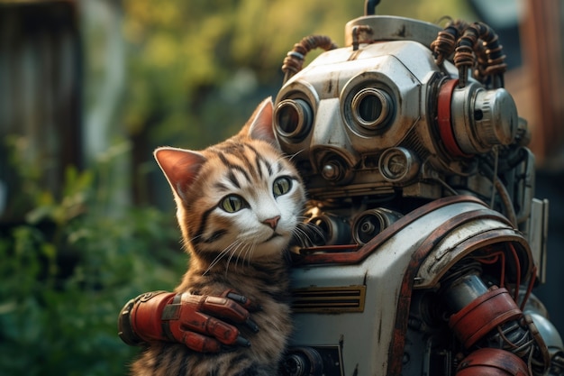 Free Photo medium shot  futuristic cat and robot