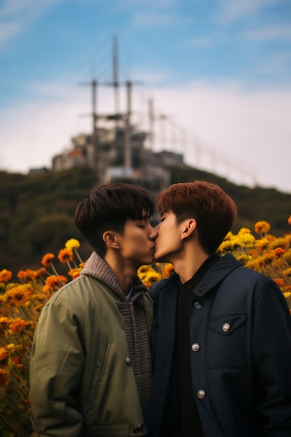 Medium shot gay couple posing with flowers