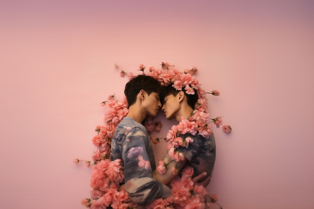 Free photo medium shot gay couple posing with flowers