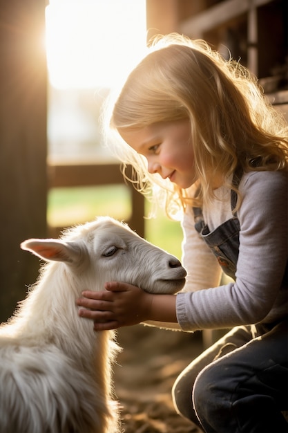 Medium shot girl holding cute goat