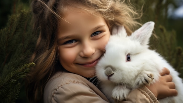 Medium shot girl holding cute rabbit