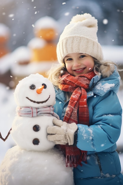 Medium shot girl making snowman