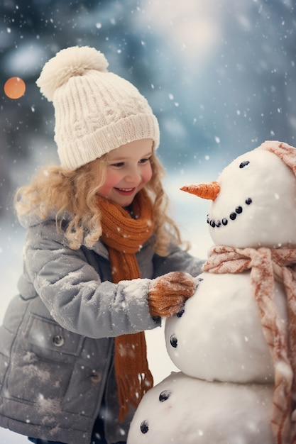 Medium shot girl making snowman