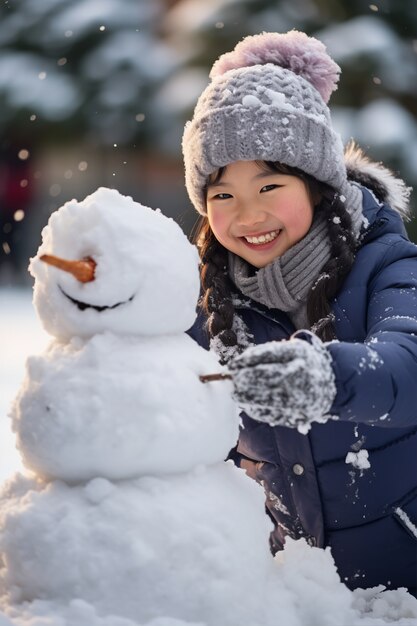 Medium shot girl posing outdoors winter season