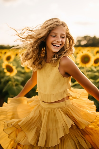 Medium shot girl posing with sunflowers