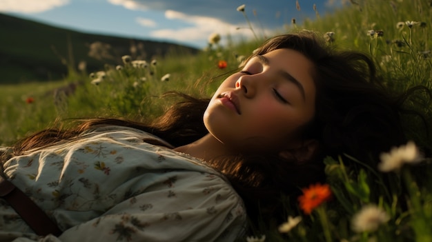 Medium shot girl sleeping outdoors